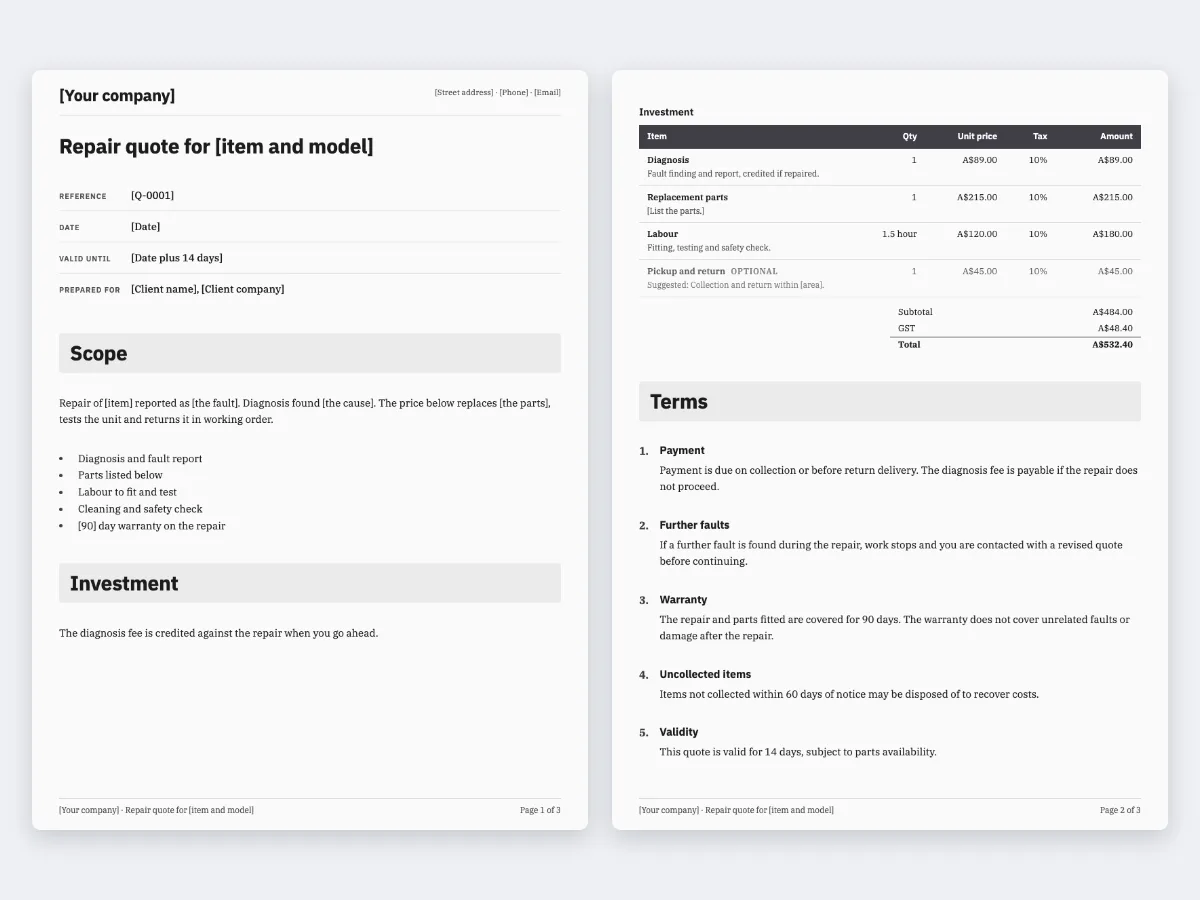 The Repair quote template: the first page and the page with the pricing table