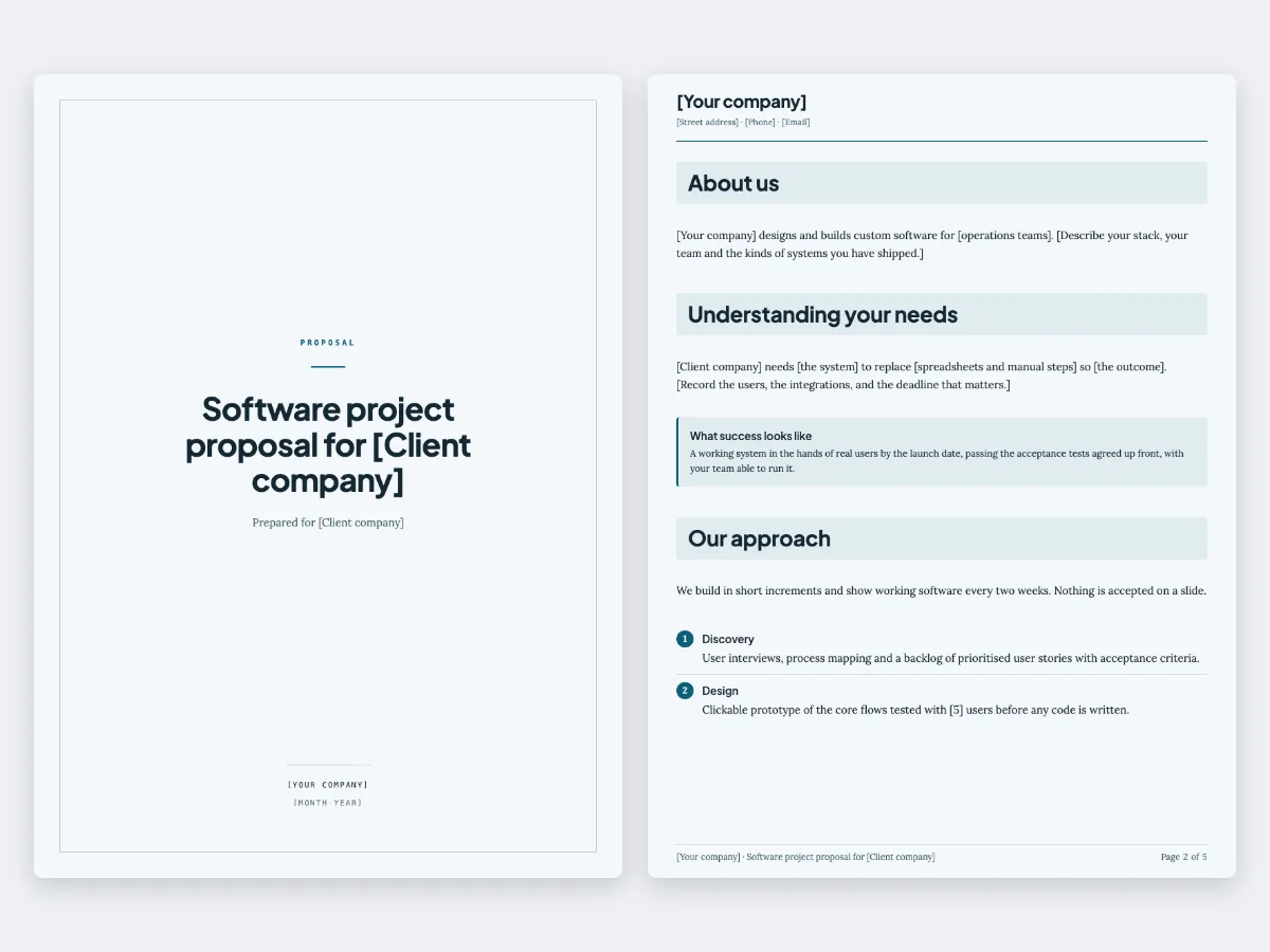 The Software project proposal template: the cover and the first content page