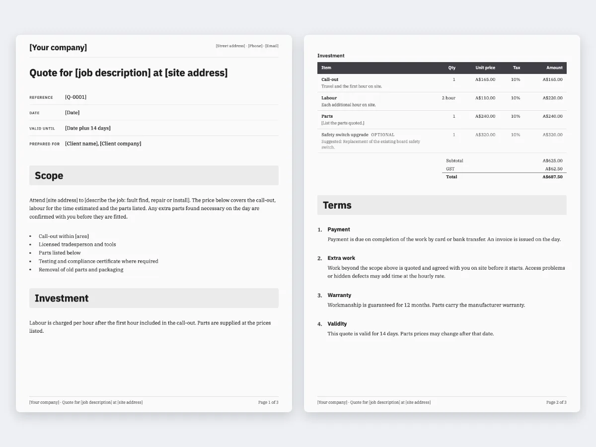 The Trades call-out quote template: the first page and the page with the pricing table