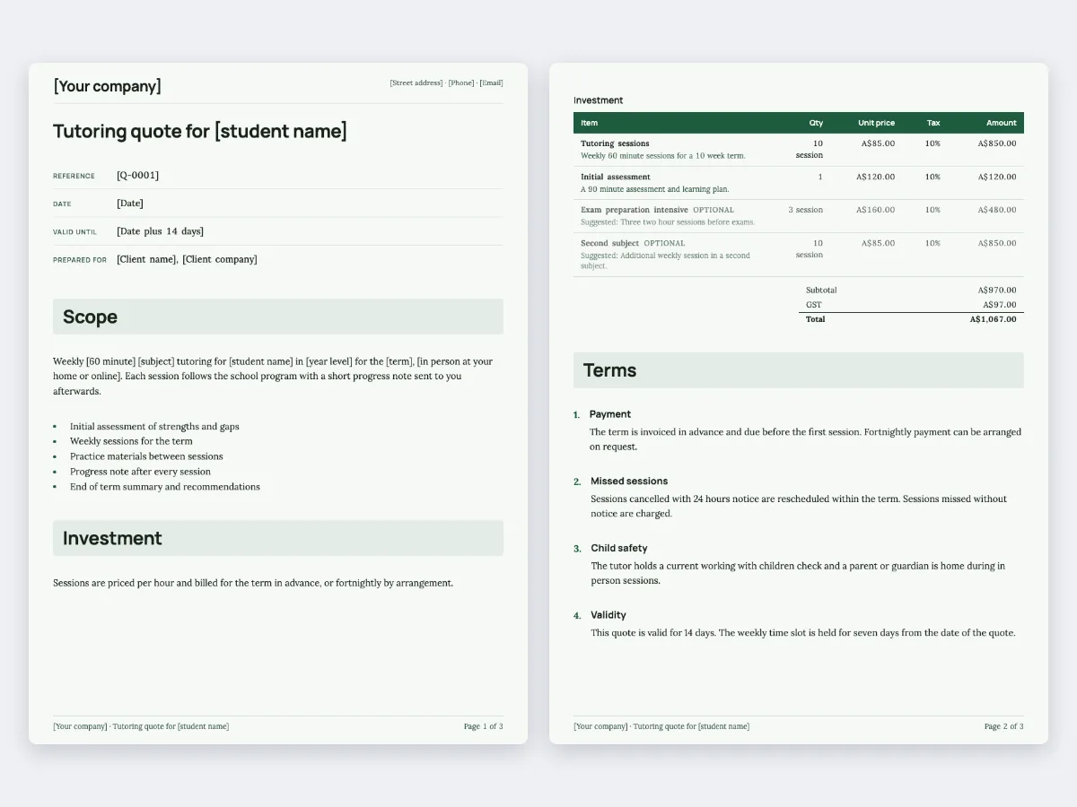 The Tutoring quote template: the first page and the page with the pricing table