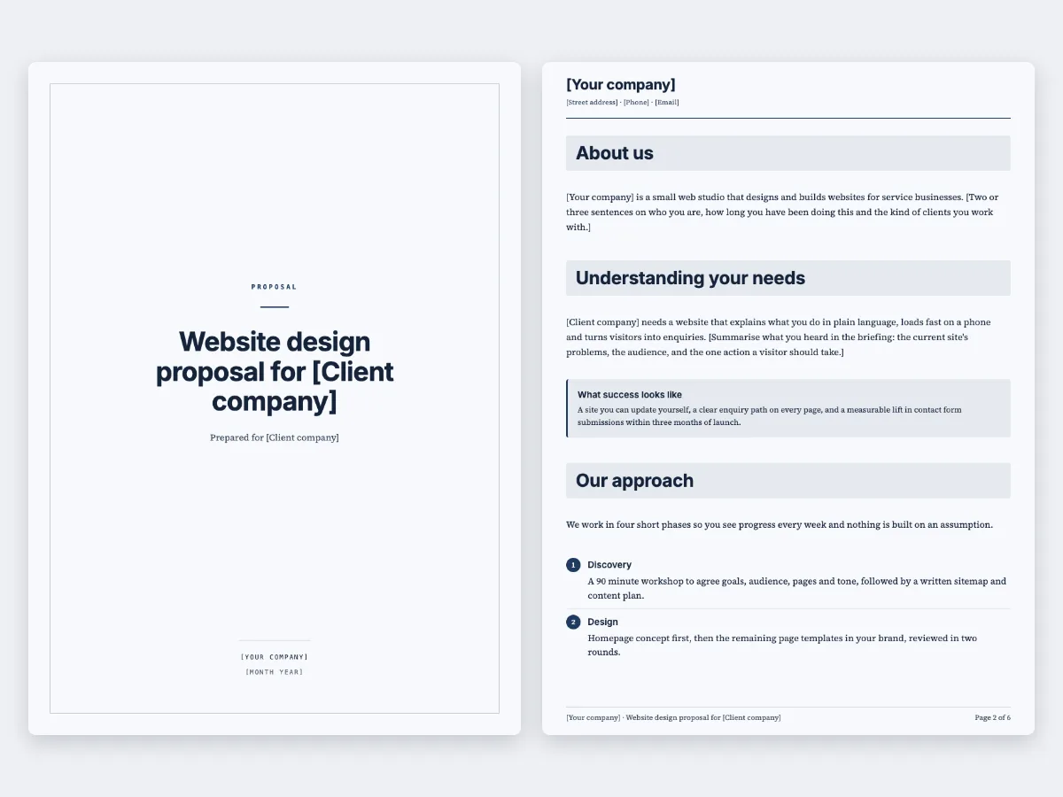 The Website design proposal template: the cover and the first content page