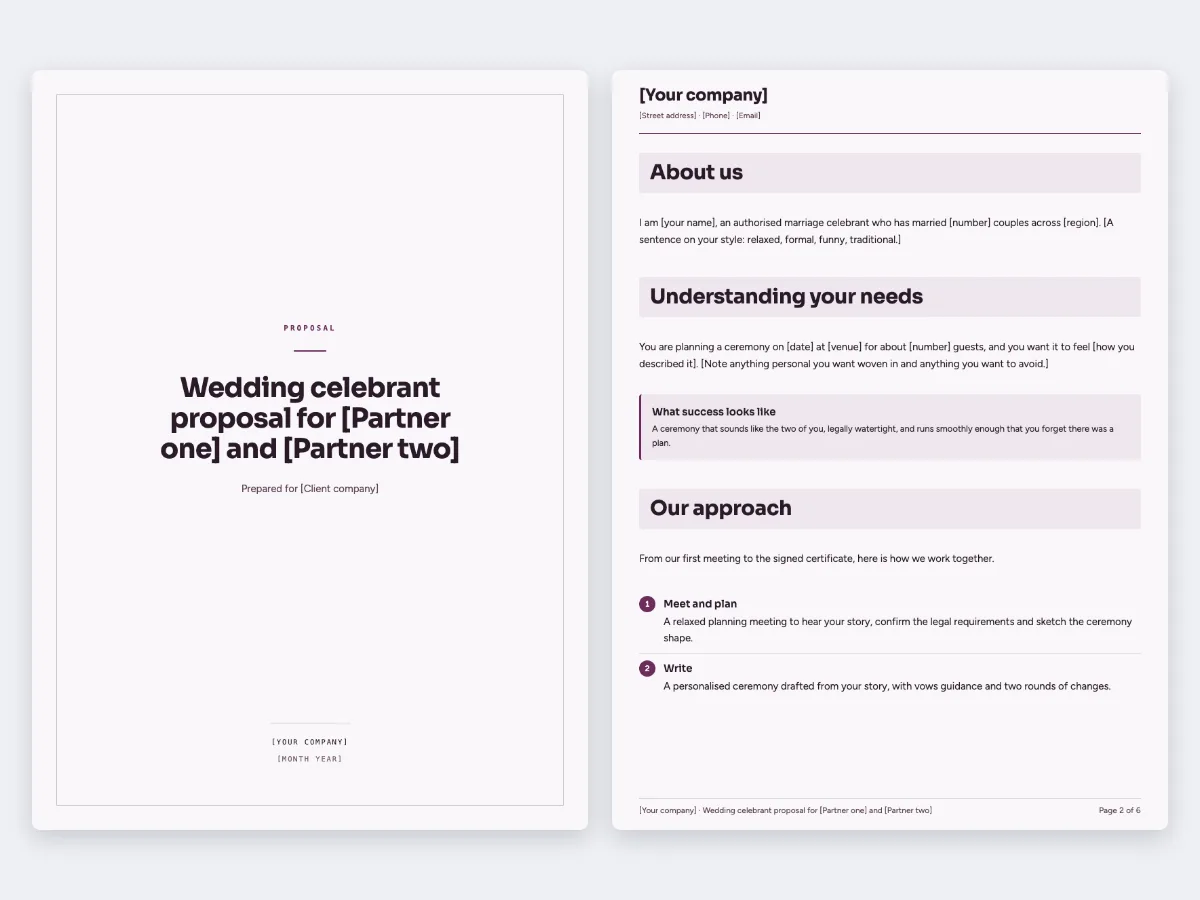 The Wedding and celebrant services proposal template: the cover and the first content page