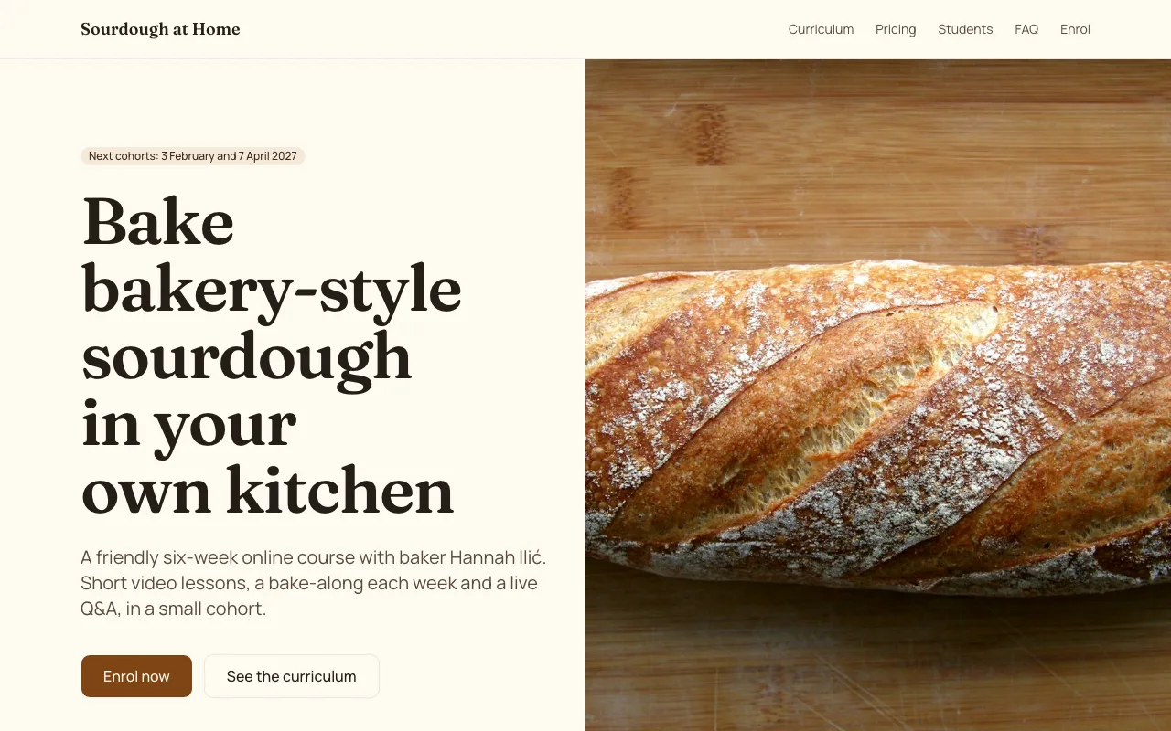The home page of the Online course code template, built for the sample business Sourdough at Home