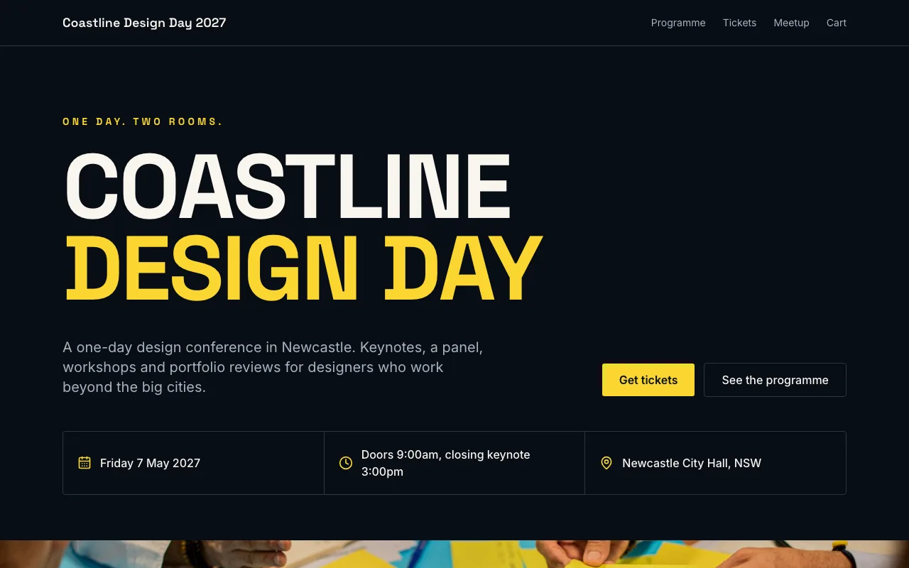 The home page of the Event with RSVP and tickets code template, built for the sample business Coastline Design Day 2027
