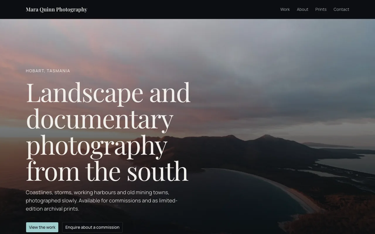 The home page of the Photographer portfolio code template, built for the sample business Mara Quinn Photography