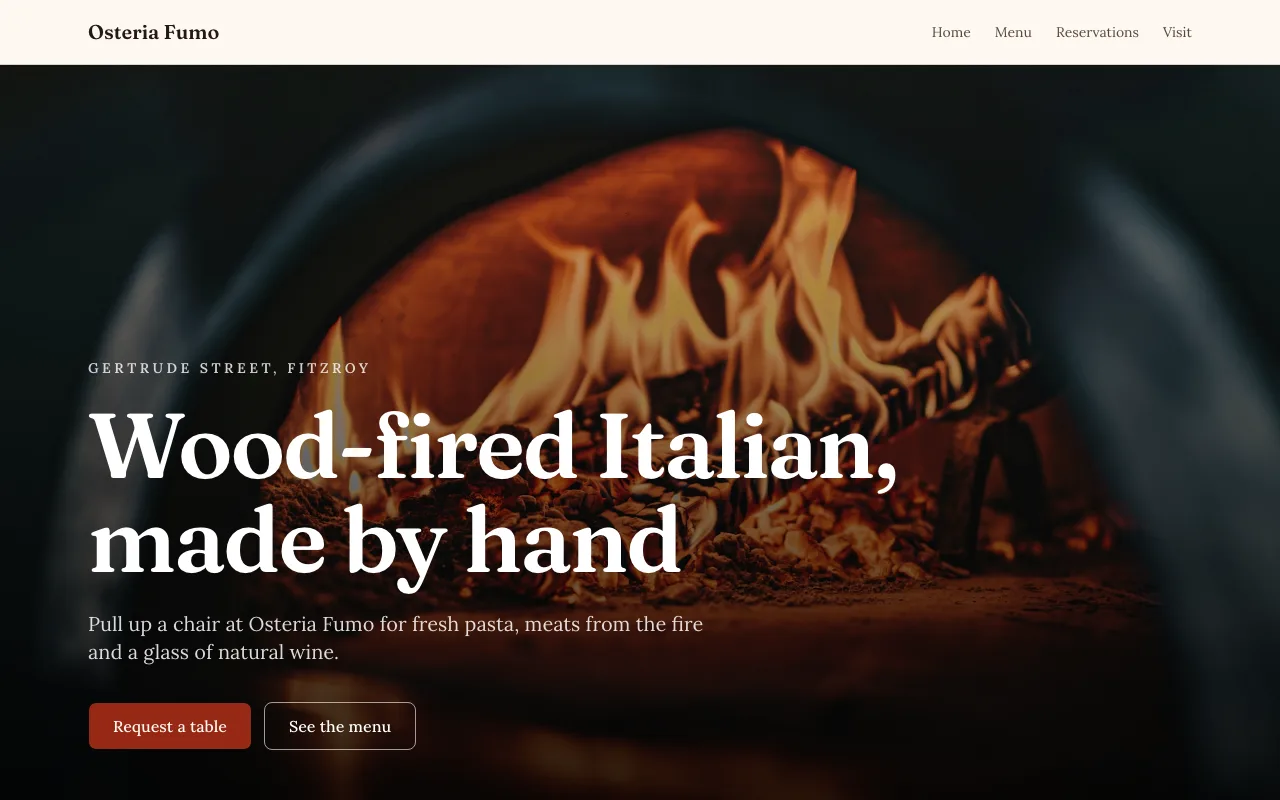 The home page of the Restaurant with reservations code template, built for the sample business Osteria Fumo