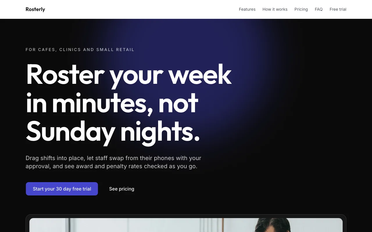 The home page of the SaaS landing page code template, built for the sample business Rosterly