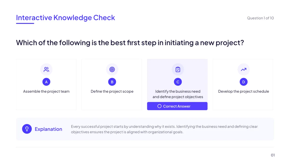 Quiz: Knowledge Check (4 options, answer reveal) slide template